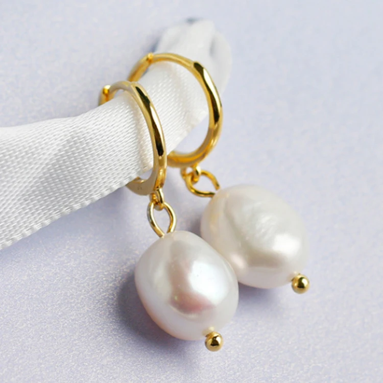 

wholesale 18k gold plated 925 sterling silver irregular natural freshwater baroque pearl hoop drop earrings