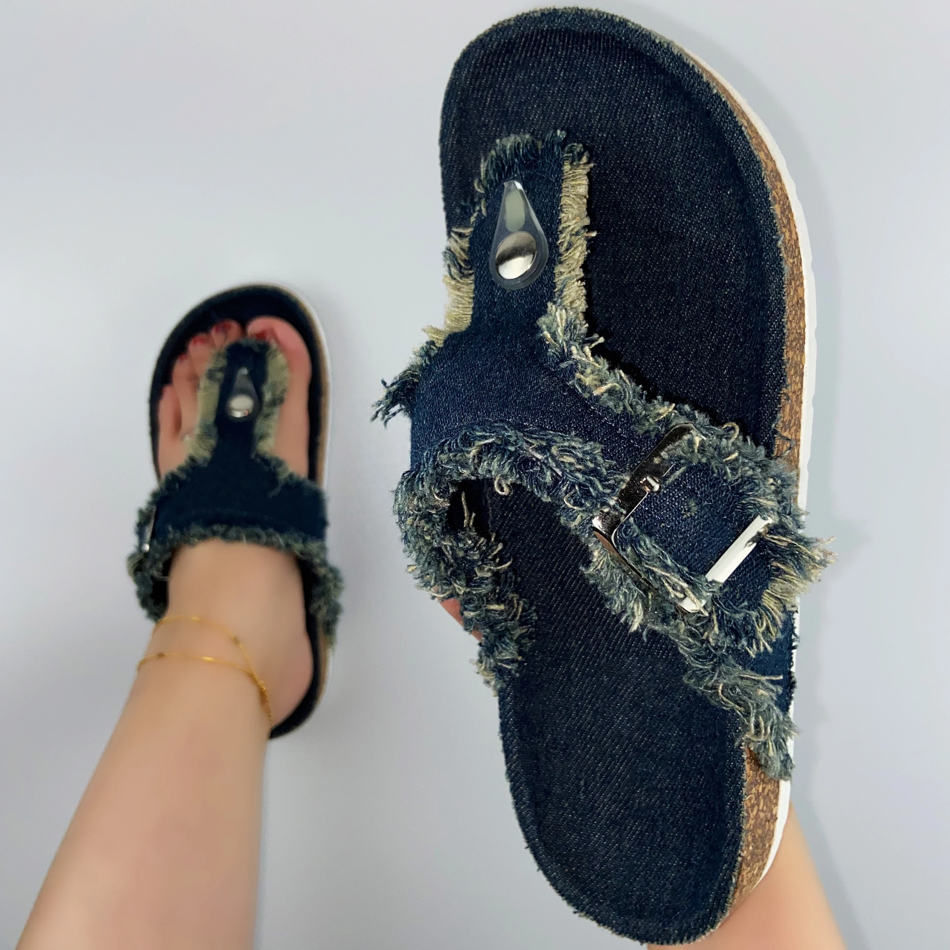 

New Design Slippers for Women Jean Denim Tassel Cork Sole Sandals Summer Sandals Slippers Ladies Shoes Slippers Slides Color