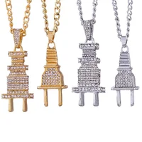 

New Gold-color Electrical Plug Shape Pendants Necklaces Men Women Charm Chains Iced Out Bling Jewelry Gifts