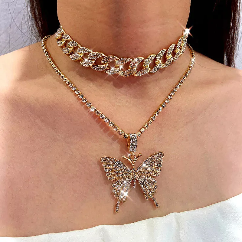 

Women's Retro Set Jewelry Necklace Exaggerated Inlaid Diamond Geometric Chain Cuban layered big Butterfly Necklaces