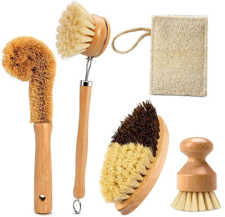 

Natural ECO Sisal Coconut Bristle Bamboo Wooden Long Handle Kitchen Household Cleaning Pot Brushes Scrubbing Dish Wash Brush Set