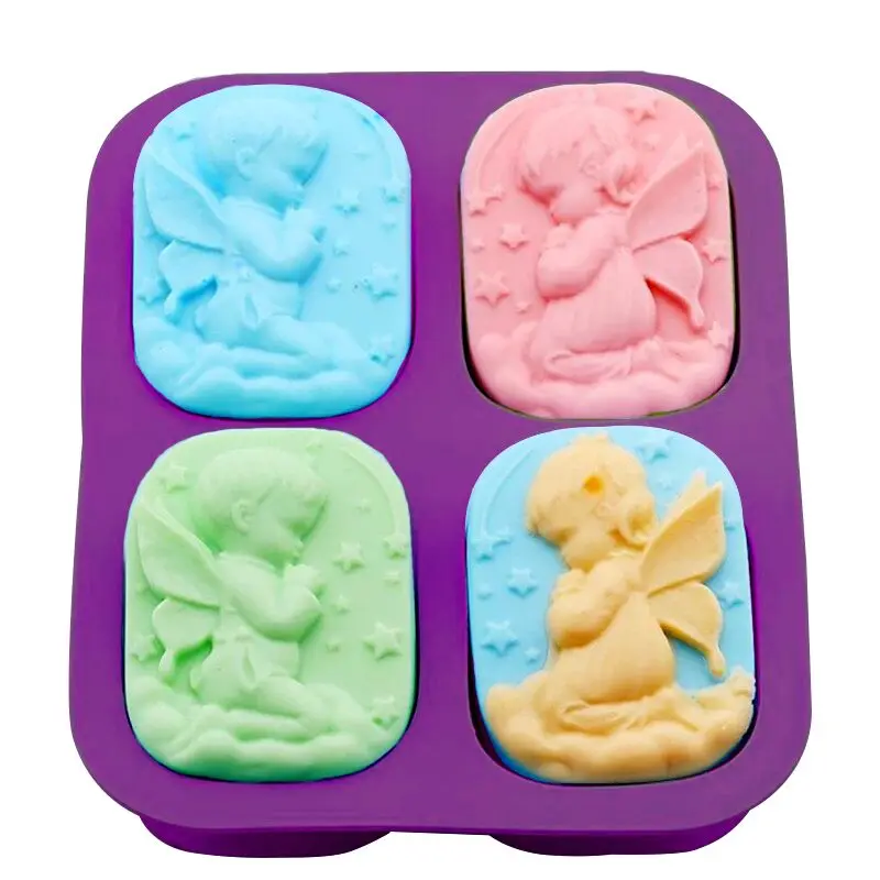 

Wholesale Best Selling 4 Cavities Mold New Design Angels Statue Soap Mold Handmade Rectangle Silicone Soap Molds for Making Soap, Purple or custom color