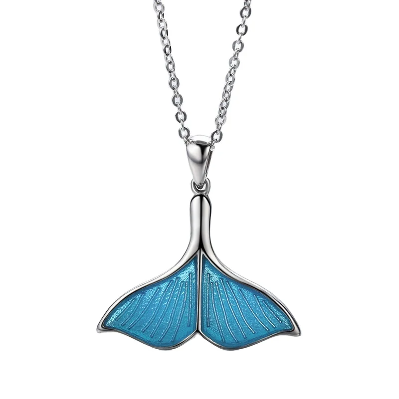 

New Style 925 Sterling Silver Chain Ocean Sea Blue Fishtail Enamel Necklace Women 2020
