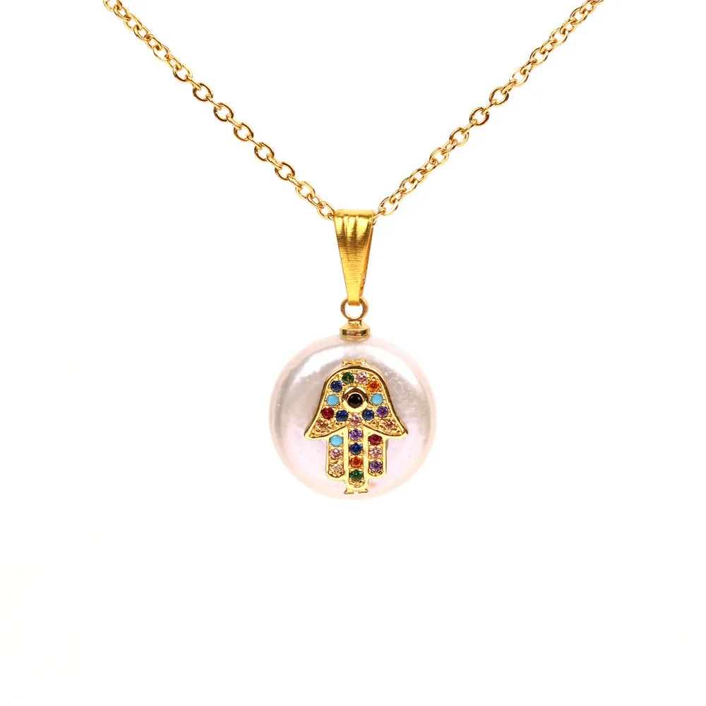 

Hotsale Design Fashion Jewelry Rainbow Color CZ Hand Necklace Baroque Round Pearl Evil Eyes Pendant Necklace For Girls, Picture