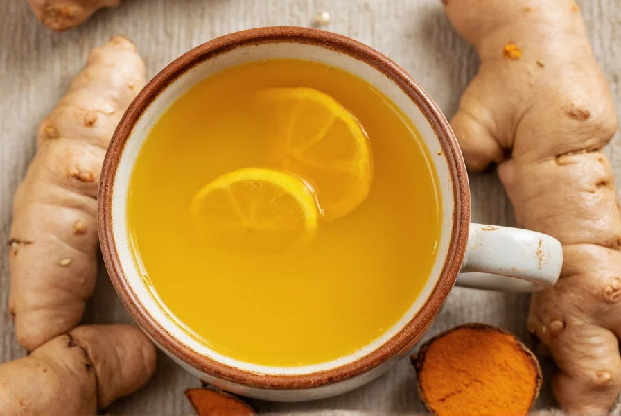 Golden turmeric ginger tea in a ceramic mug with fresh slices of both spices visible, representing natural preparation method for digestive health
