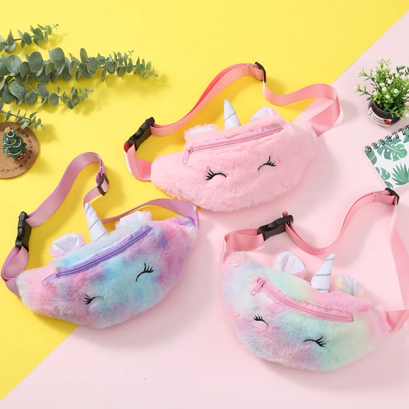 

New arrival fashion cute kids plush waist bag,children fluffy unicorn fanny pack for little girl, 4 colors