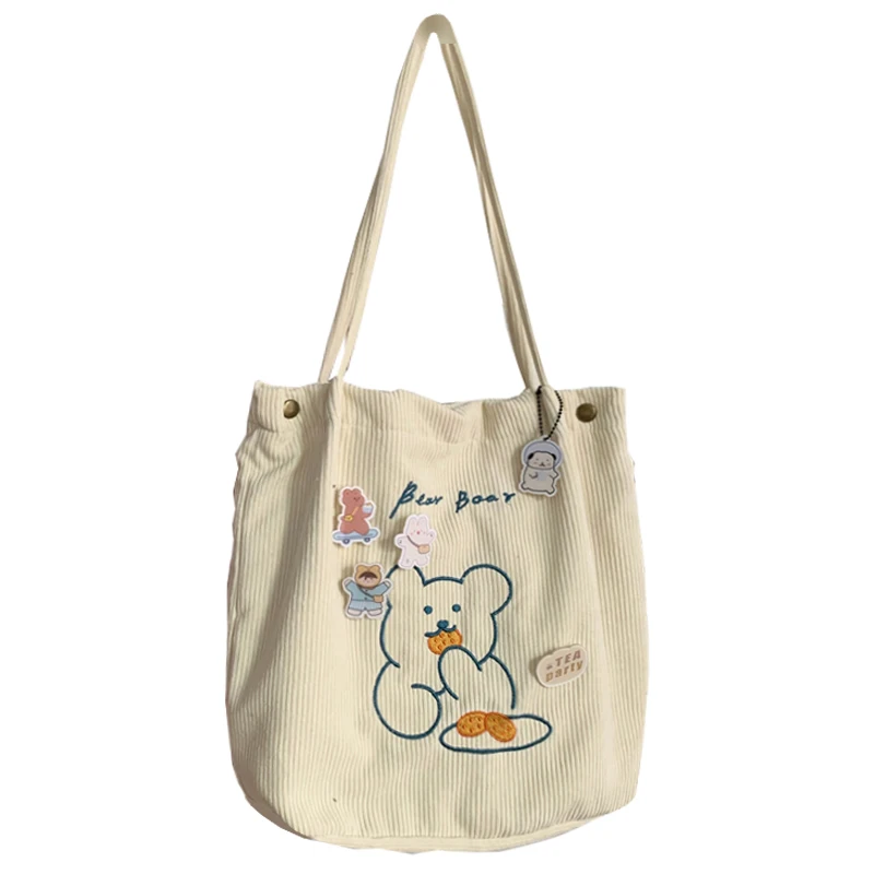 

New Corduroy Embroidered Bear Shoulder Bag Animal Shopping Storage Bag