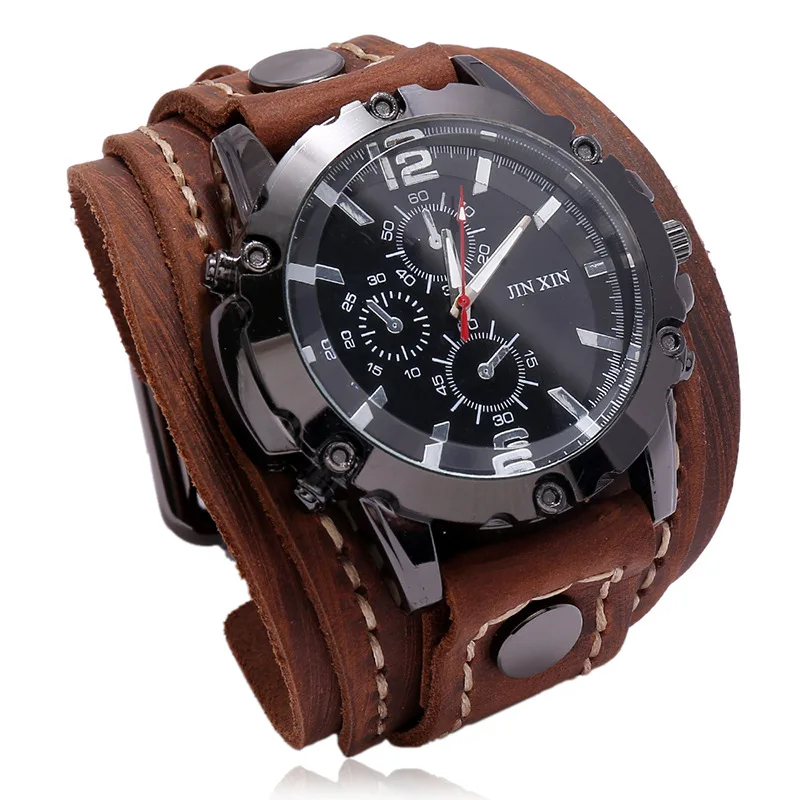 

Luxury Male Punk Vintage Style Cow Leather Straps Watchbands Bracelet Mens Quartz Watches