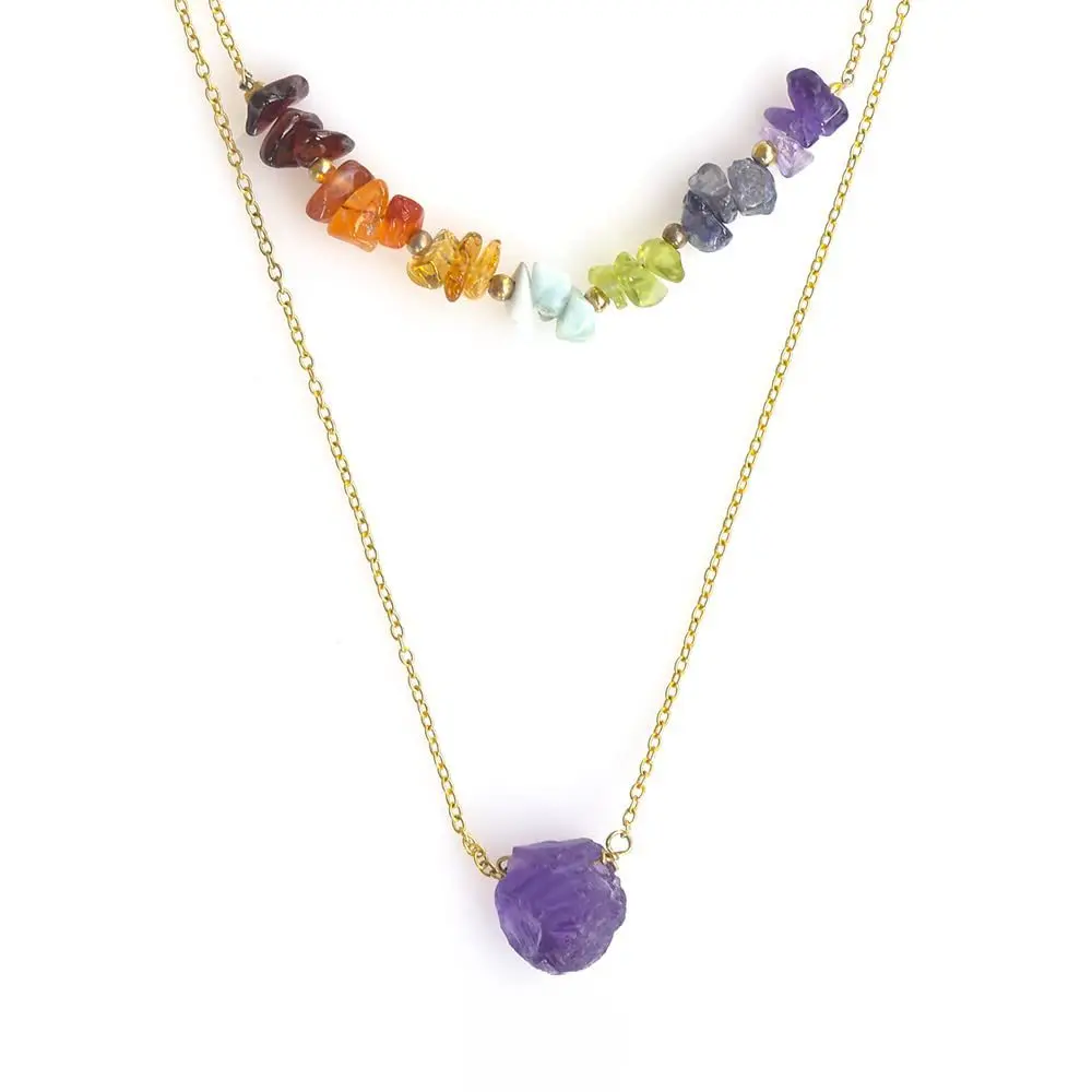 

Colorful Healing Amethyst Pendant Necklace Double Layer Irregular Natural Crystals Gravel Stone Necklace