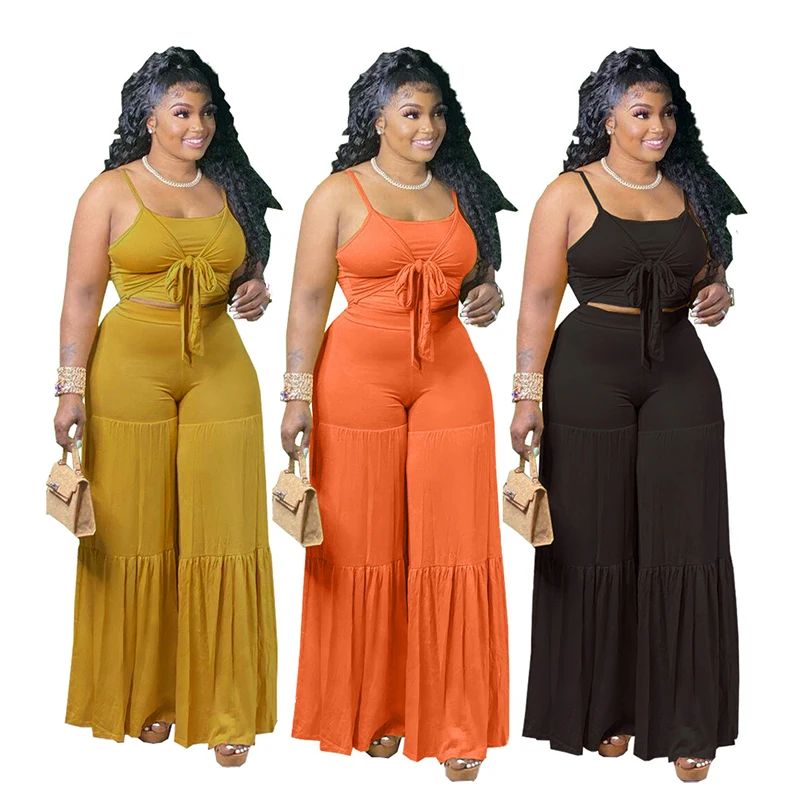 

A162 New plus Size Fashionable Halter Summer Crop Top Two Piece Set Casual Solid Color Loose Plus Size Two Piece Pant Set, Black, yellow, orange,pink,blue