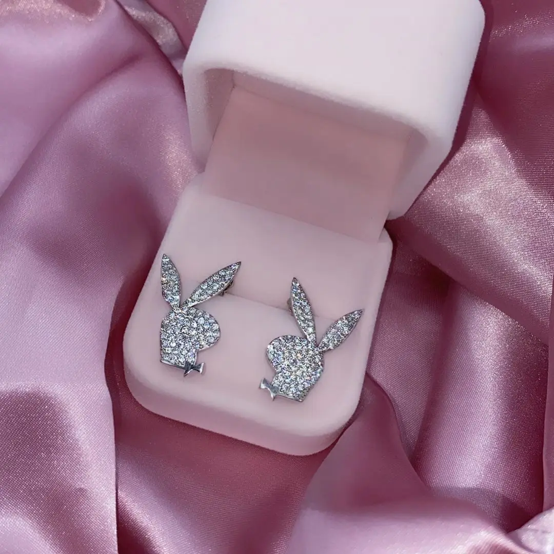 

cute lovely animal women girl jewelry micro pave cz iced out bling bunny stud earring, Rose gold