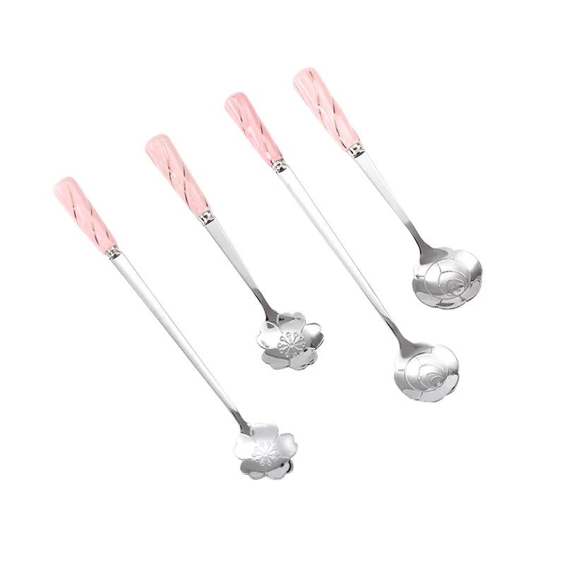 

creative novelty Flatware Sakura ceramics handle Metal Reusable rose Coffee Stirring Spoon Stainless Steel Tea Spoon set