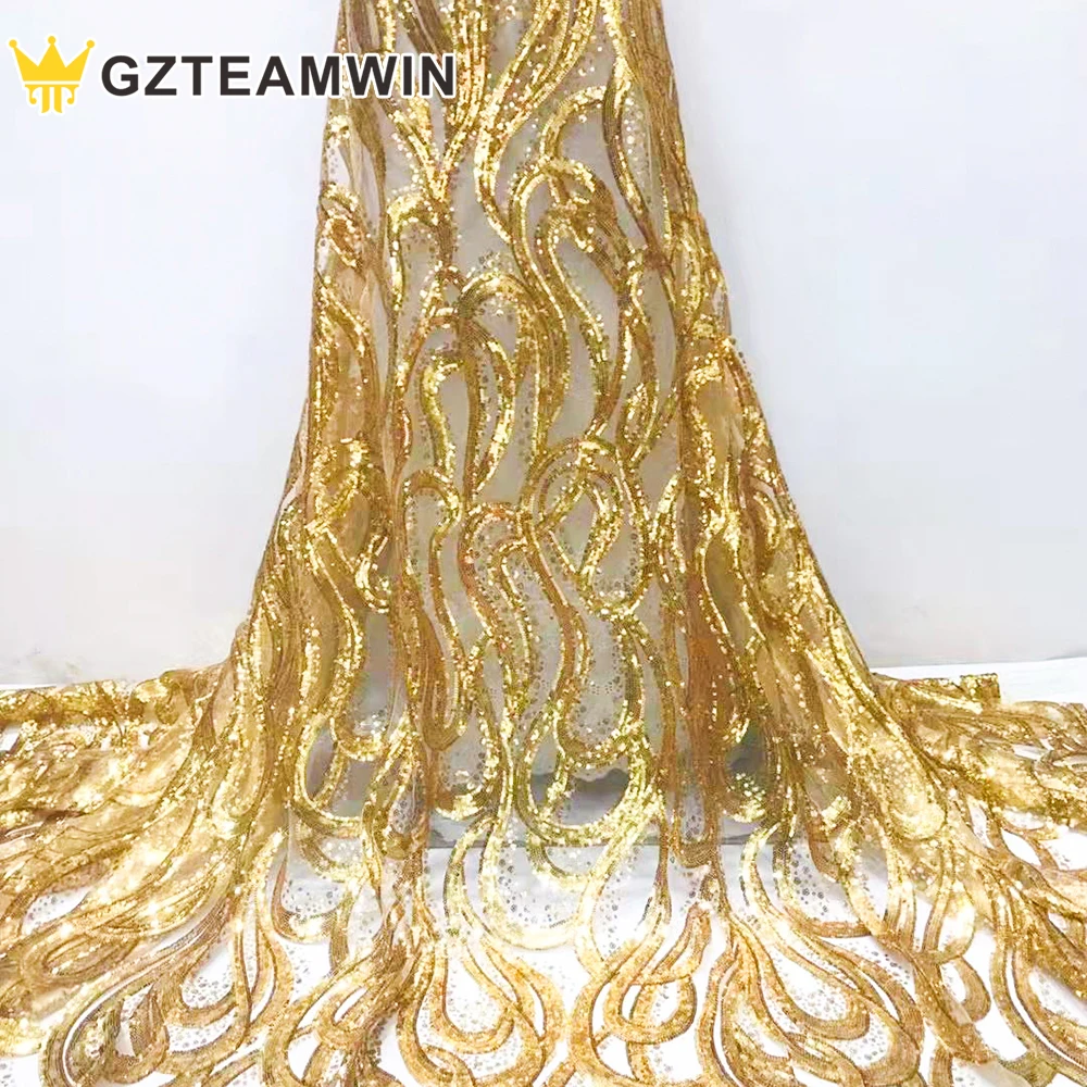 

High Quality Luxury african Nigerian French Embroidery Gold 100% Polyester fancy lace Sequin Lace Fabric for Party Wedding Dress