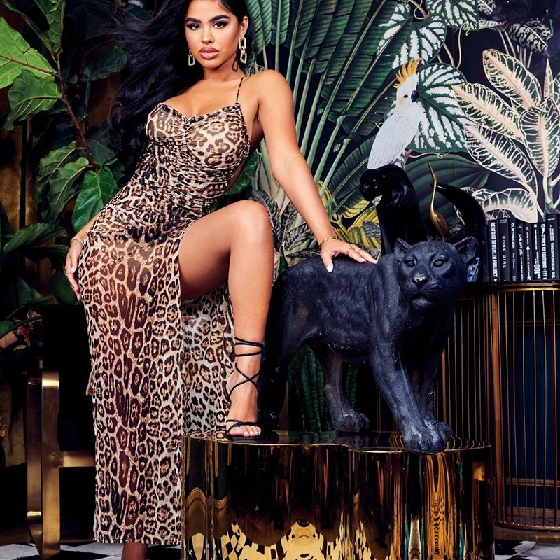 

Sexy suspender dress ladies fashion backless high waist split leopard long bodycon dress