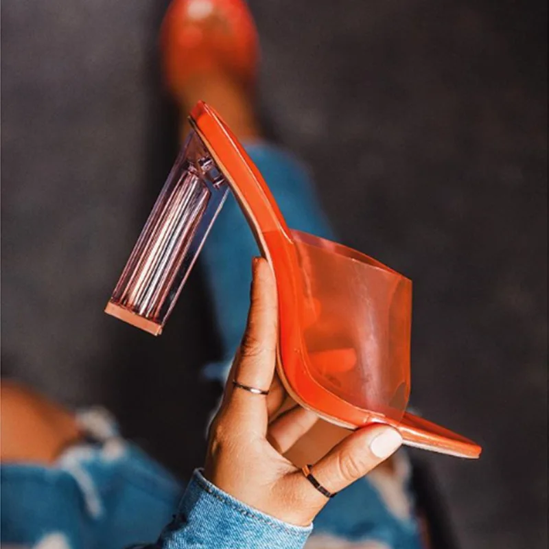 

New Design Fancy Rhinestone Heeled Sexy Women Wholesale High Clear Heels Chunky Casual Transparent Slides Slippers