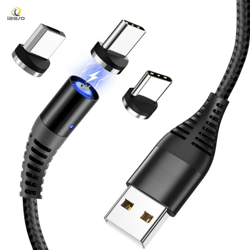 

Amazon Top Seller 5A Magnetic Fast Charger Wire New Upgraded 3 in 1 Type C Micro USB Data Phone Cables Nylon Quick Charging, Black/red/blue