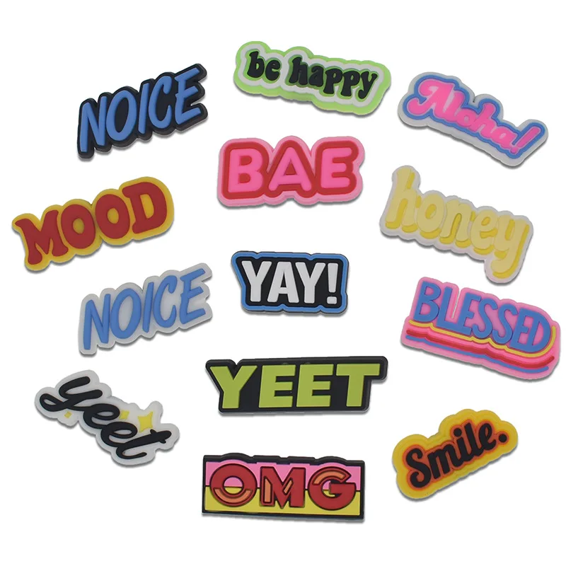 

100PCS PVC English Phrase Charms Accessories Fit for Shoes Bracelets Bands Croc Shoe Buckle ornaments Wholesale Custom, Pictures shown