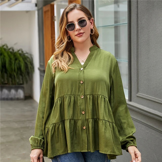 

Plus Size Spring 2021 Loose Woven V-neck T-shirt Temperament Commuter Long Sleeve Top Women, Picture color