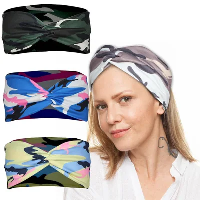 

High quality Yoga Knotted Camo vintage cross turban bandage bandanas headbands hair accessories, As photos