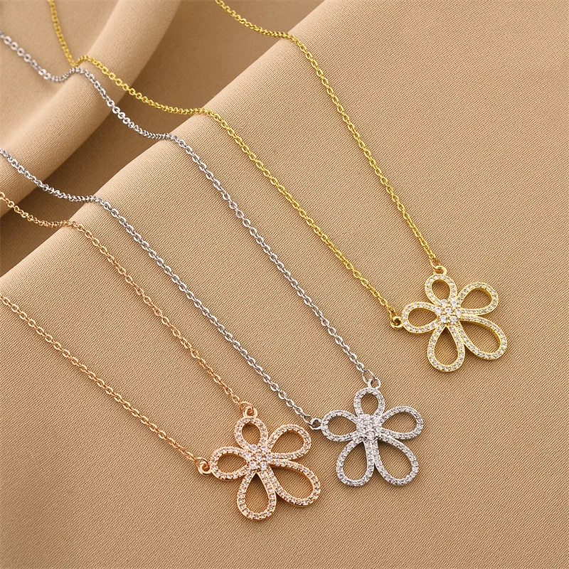 

Sailing Jewelry New Arrival Crystal Sun Flower Pendant Necklace Trendy Blingbling Zircon Titanium Steel Sunflower Necklace