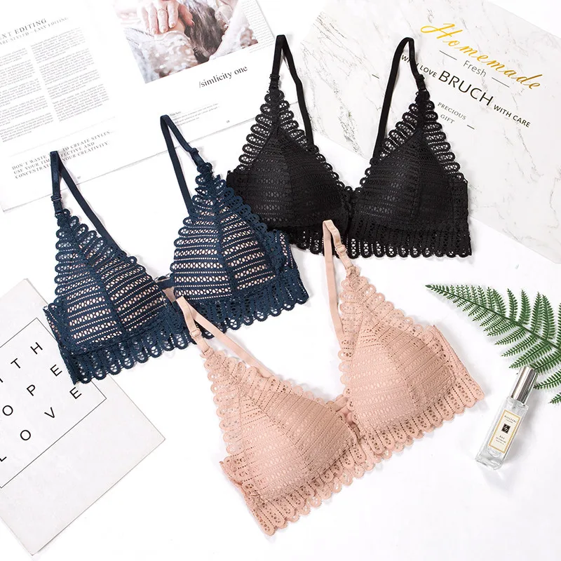 

Sexy lace triangle thin cup front buckle women bra lingerie comfort push up gather adjustable bralette, Pink