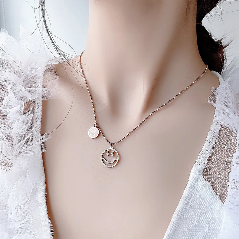 

Rose Gold Plated Necklace Titanium Steel, Smiling Face Necklace for Women, INS Trendy Lucky Pendant Ball Chain Cavicular Chain, Picture