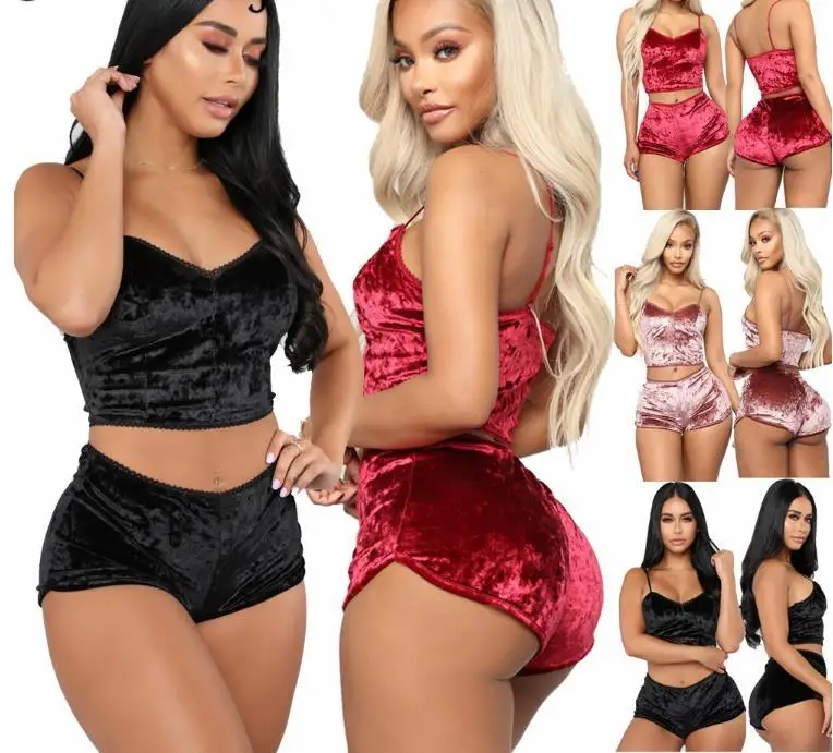 

summer women sleepwear two piece set Velvet Lounge Wear Women's Sleepwear Two Piece Onesie Pajama Set For Women, Custom choose