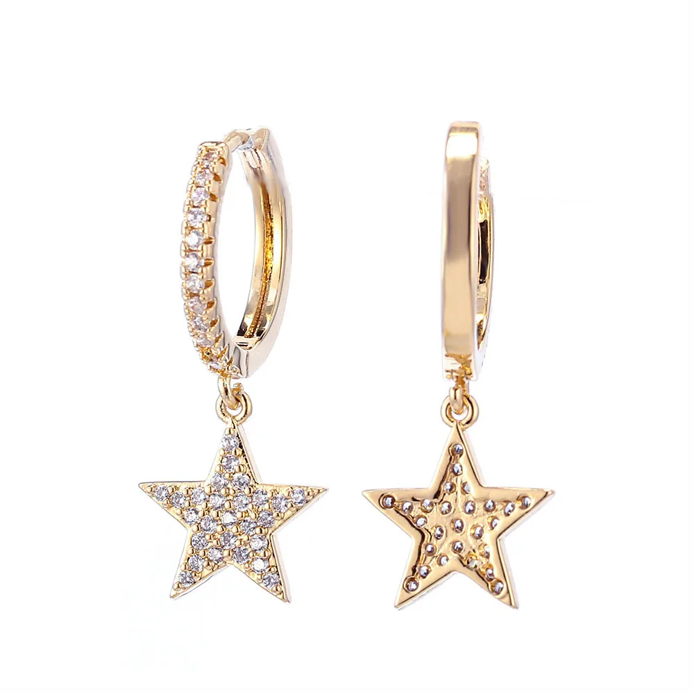 

High Quality Small Brass 18K Gold CZ Crystal Star Drop Earrings Cubic Zirconia Star Huggie Hoop Earrings