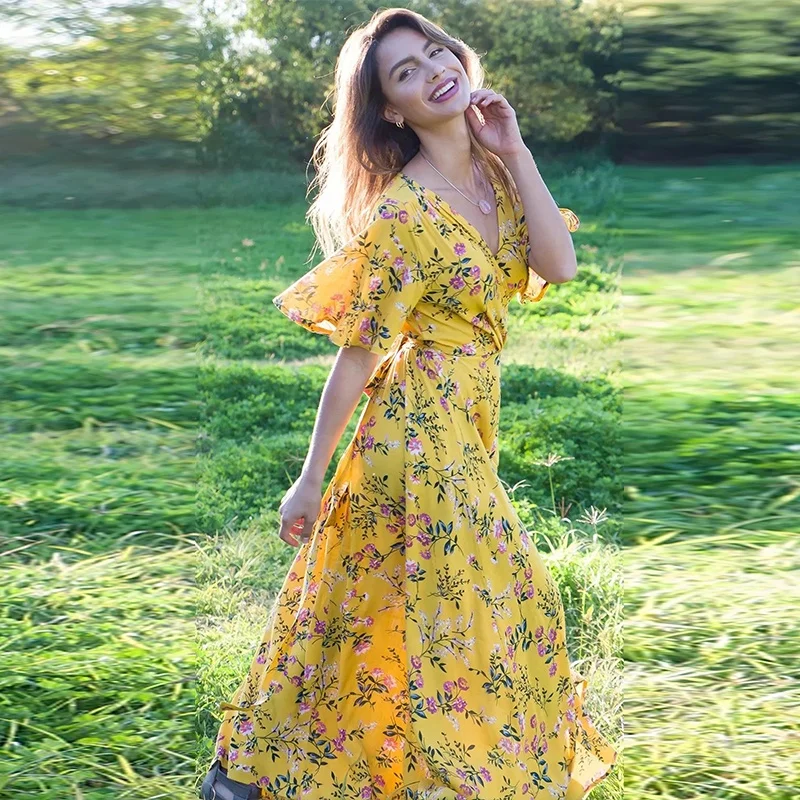 

Summer New Sweet V-neck Floral Print Short-sleeved Mid-length Cotton Dresses Summer Women