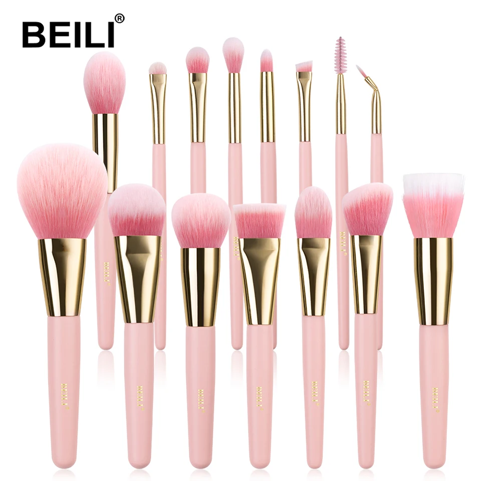 

BEILI cute Pink makeup brushes 15pcs vegan synthetic hair foundation powder private label wholesale custom makeup brush set
