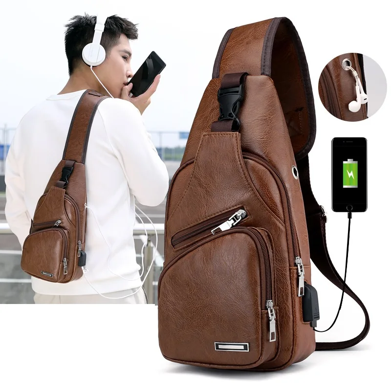 

Fashion USB Charging And Earphone Hook Fanny Pack PU Leather Men Chest Bag Crossbody, 3 colors