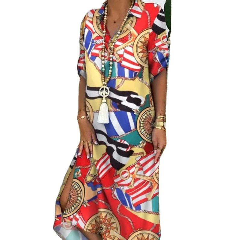 

Spring 2021 new roll-up print loose blouse dress for ladies, Picture color