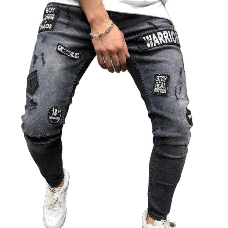 

2020 Fashion Men's Skinny Jeans Black Ripped Badge Patch Feet Denim Pants Funky Jeans For Men