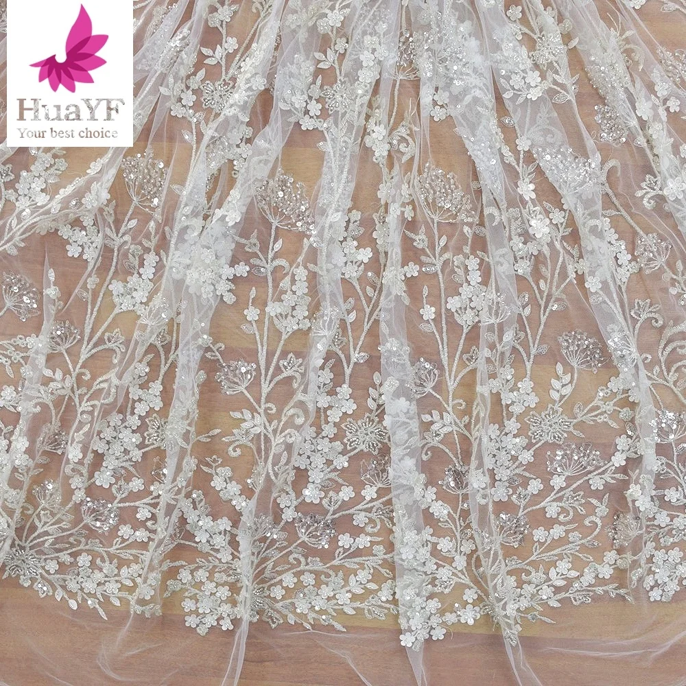 

White bridal lace with beads and sequins french tulle fabrics for wedding dress HY1288-2, As pic show