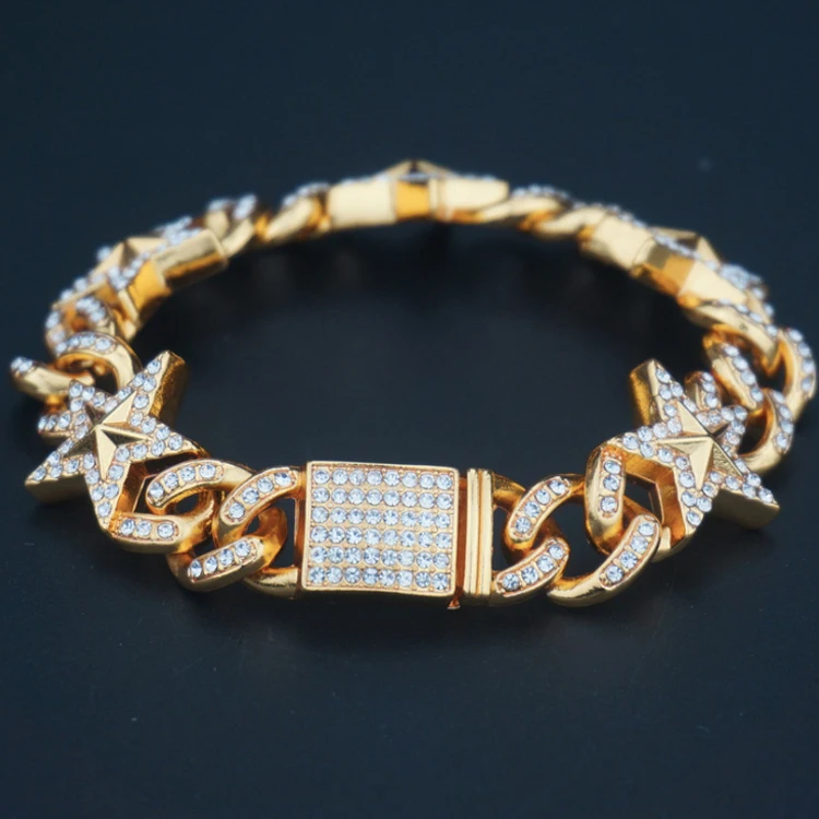 

New Design Gold Plated Iced Out Hip Hop Bracelet Cuban Chain Chunky Wish Bracelet Star, Picture