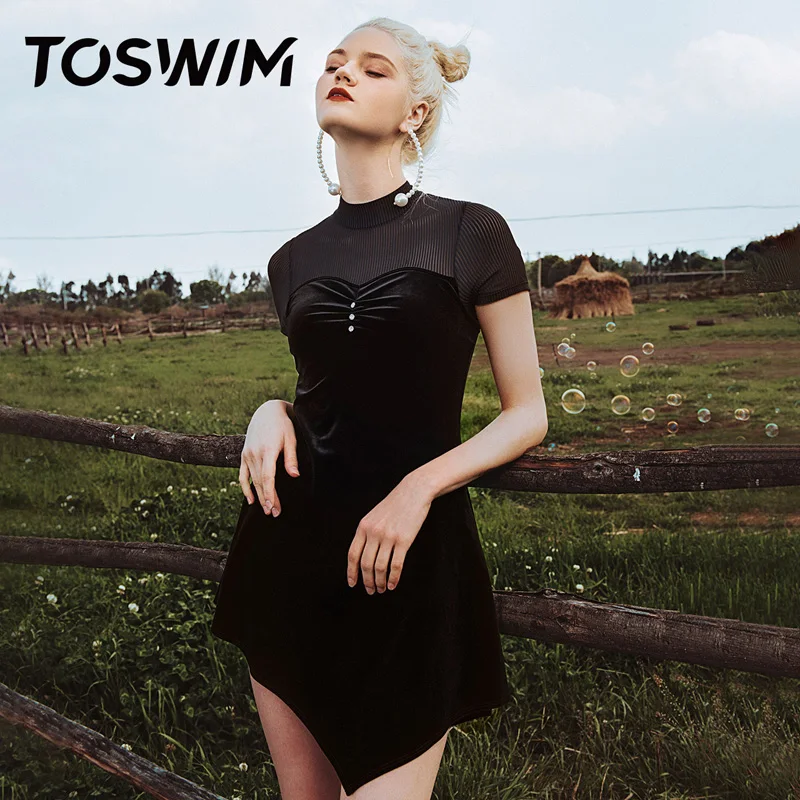 

Wholesale In-stock Women Ladies Dark Black Velvet Dress Party Women Party Evening Dresses New style Girls Beachwear