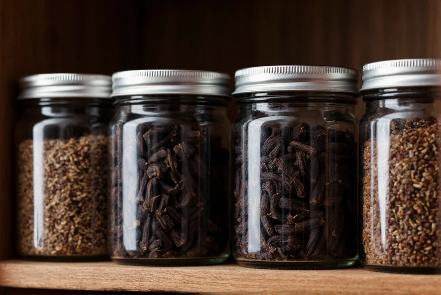 Proper storage containers for black cloves showing airtight glass jars in a dark pantry