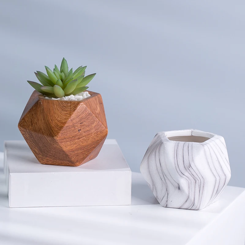 

European Marble Wooden effect bulk ceramic shape mini size clay small plant pots succulent flower planter, White, grey and black
