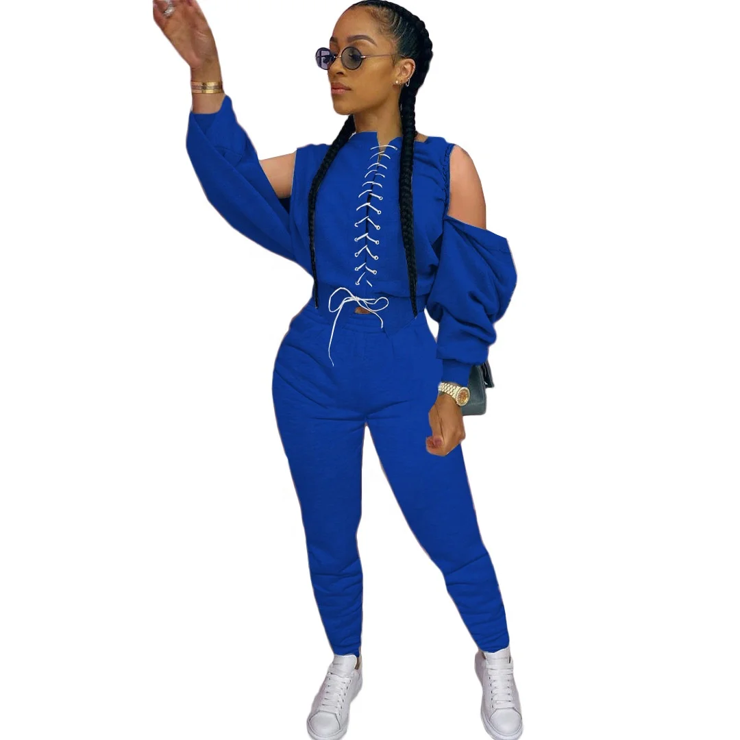 

B62393A European and American women's fashion splice with off-the-shoulder hoodie casual two-piece set, Rose red/black/gray/wine red/blue