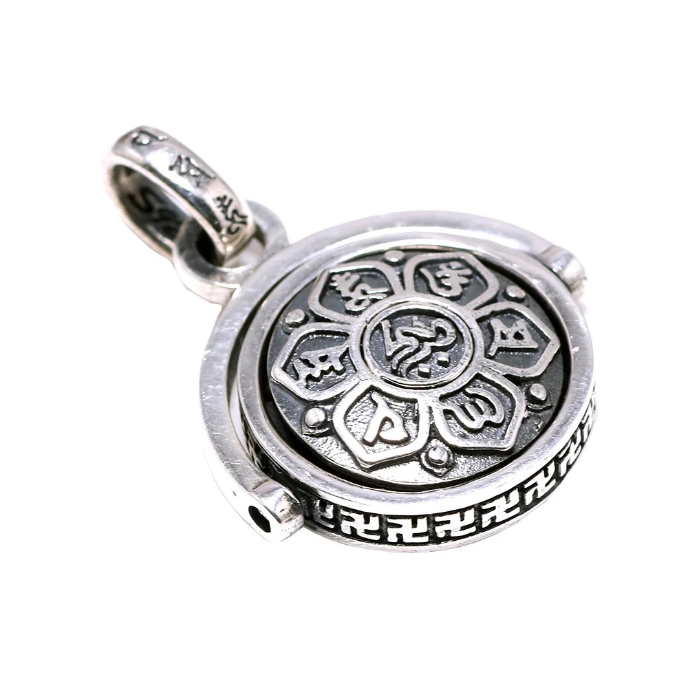 

925 Sterling Silver Jewelry Six Words Pendant Om Mani Padme Hum Rotatable Shifting Lucky Vintage Buddha Jewelry