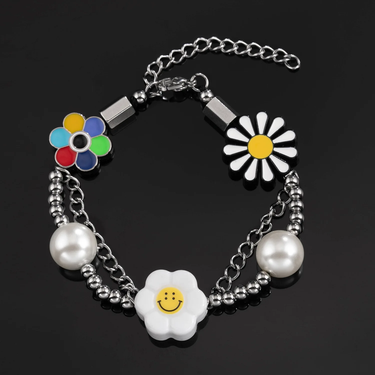 

JUHU Hip-Hop Street Fashion Trend Titanium Steel Smiley Face Pearl Couple Necklace Men And Women Jewelry Bracelet Wholesale, Gold/silver