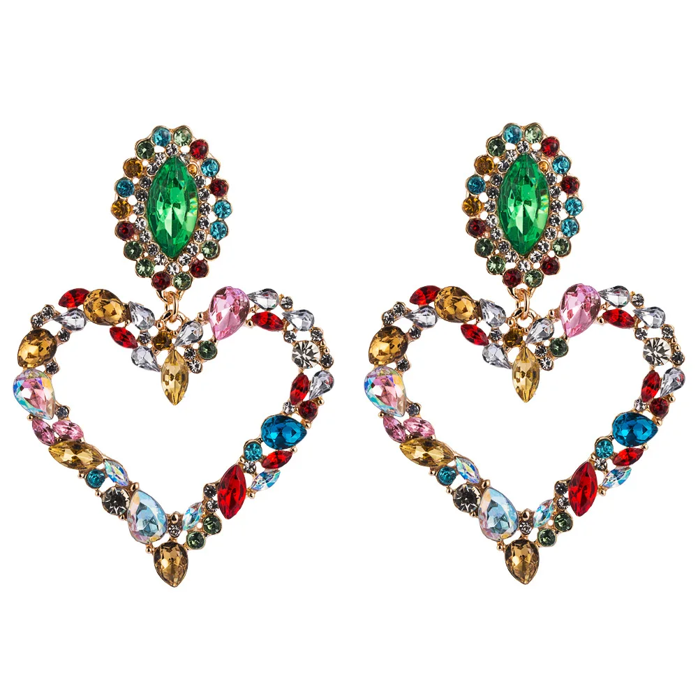 

European and American popular heart-shaped alloy inlaid color diamond retro temperament exaggerated super flash Earrings, Picture shows