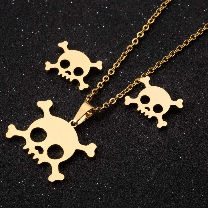 

316L Stainless Steel Terror Hip Hop Hollow Skull Halloween Jewelry Set, White, gold