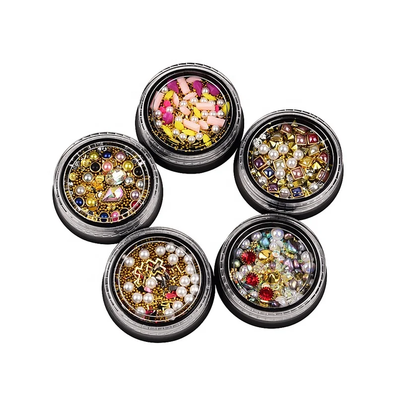 

Creative DIY Round Box Nail Art 3D Rhinestone Laser Pearl Metal Mix Decorations Nail Set