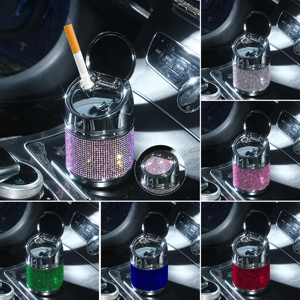 

Stainless High Temperature Resistance Portable Stand Cylinder Bling Rhinestone diamond shiny crystal gliter luxury car ashtray, 7 colors