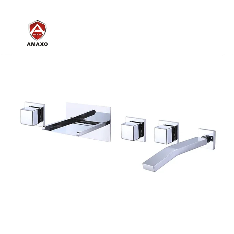 

AMAXO LED Chrome Waterfall Wall Mounted Bathtub Faucet Five Holes Brass Bath Shower Mixer For Bathroom