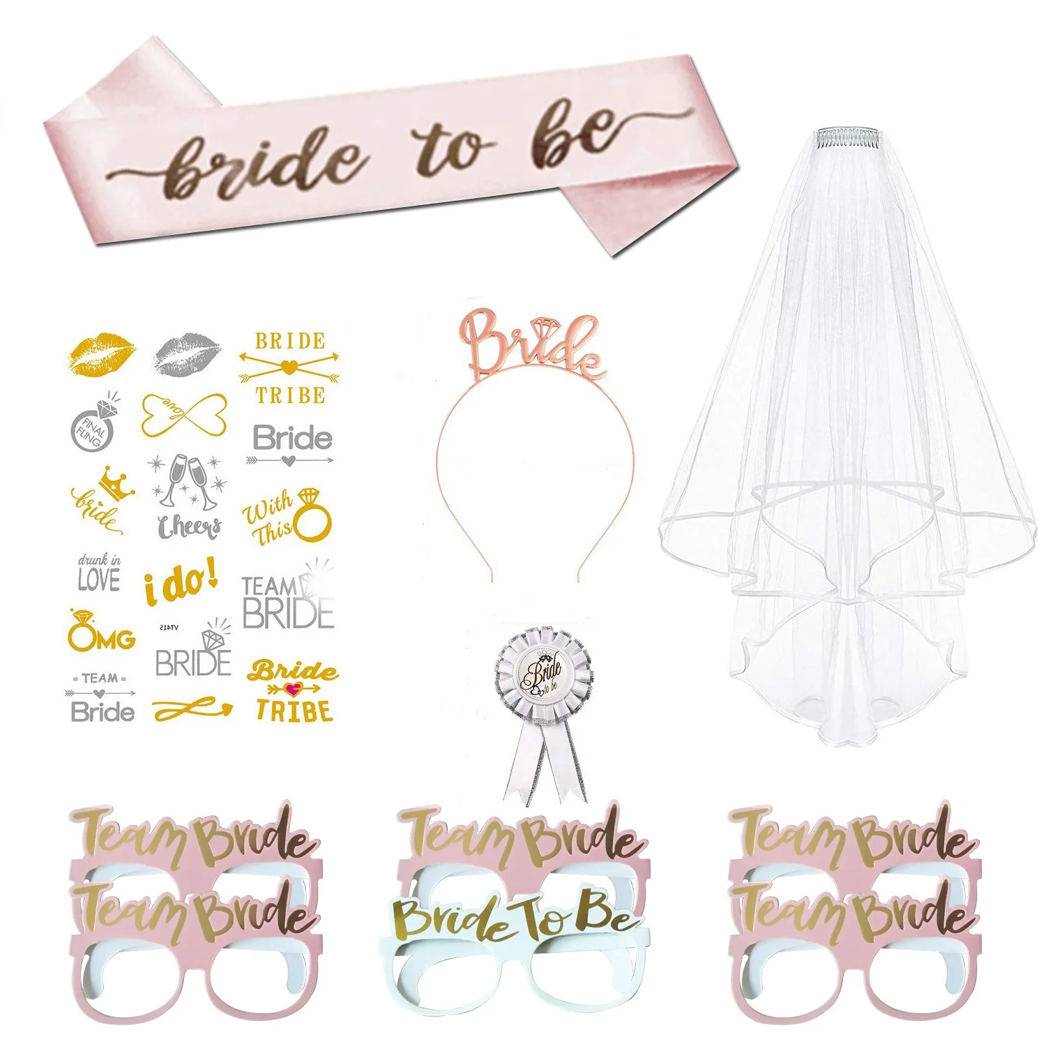 

Nicro Bride to Be Theme Party Supplies Kit Bridal Shower Veil Tattoo Stickers Sash Wedding Set Bachelorette Party Supplies