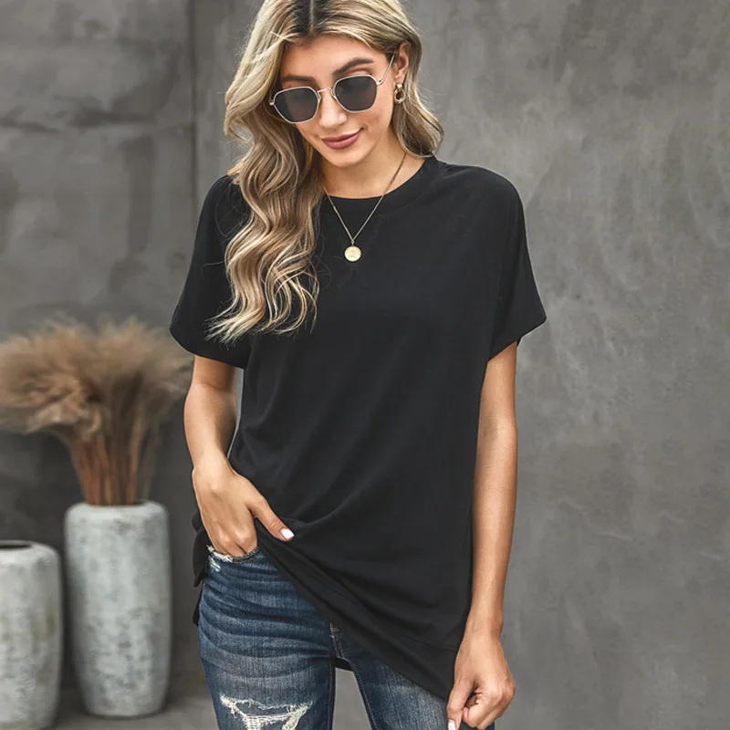 

Wholesale Fashion Casual Polyester Black Short Sleeve Plain Women's T-shirts