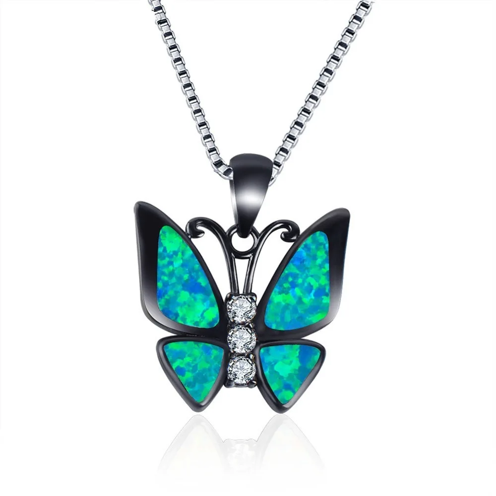 

Boho Blue Fire Opal Butterfly Animal Pendant Necklace Black Zircon Butterfly Sweater Chain Necklaces Women Party Wedding Bijoux, As picture shows