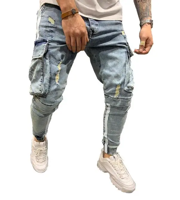 

Custom Logo Striped Skinny Mens Jogger Cargo Denim Jeans with Pockets Ripped for men, Picture